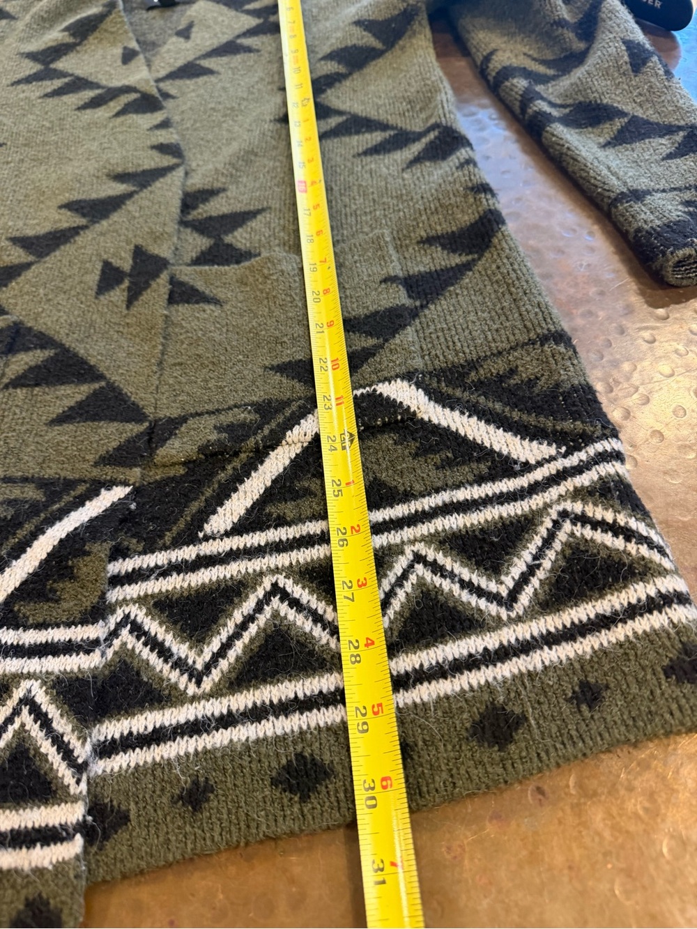 FRYE Olive and Black Southwestern Geometric Open-Front Cardigan - Picture 9 of 9